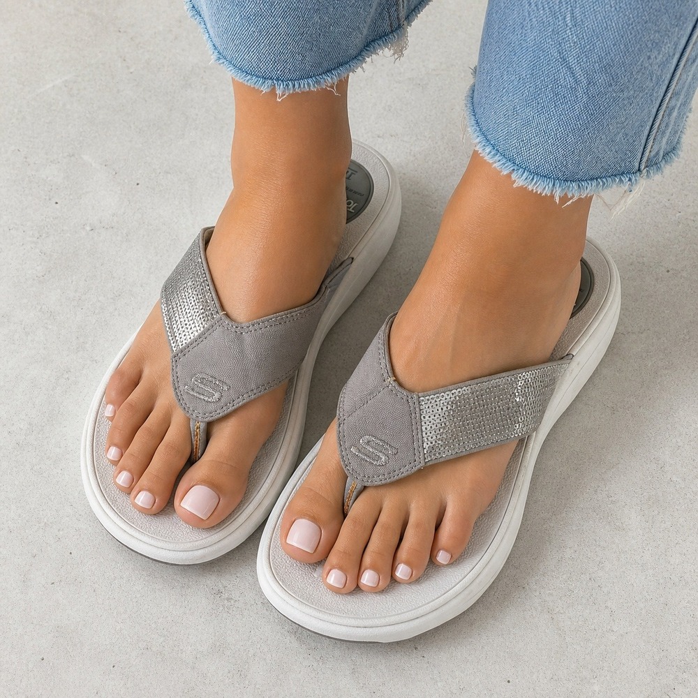 Skechers Tone-ups Toning Flip Flops Sz 10 Grey Silver Sequined Wedge Sandals Y2K